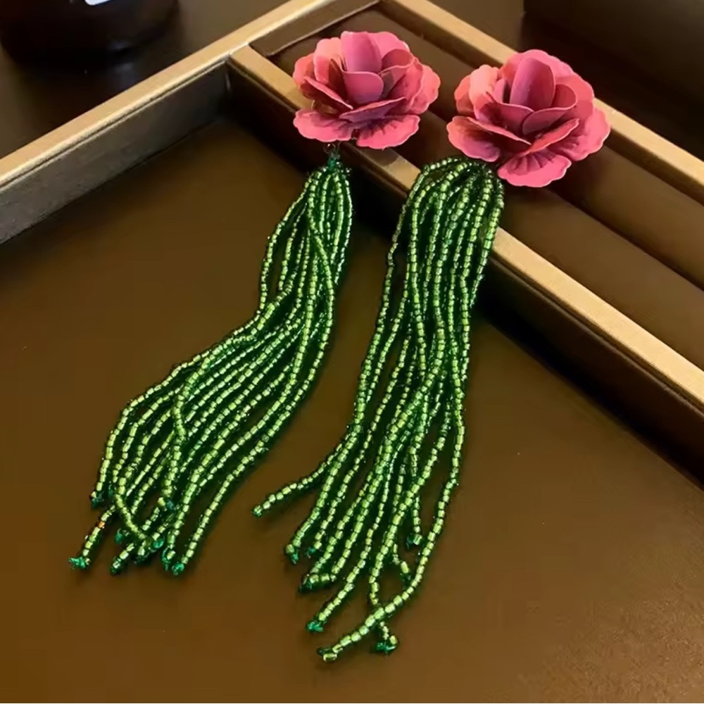 Elegant Pink Rose and Green Bead Earrings AKA Colors